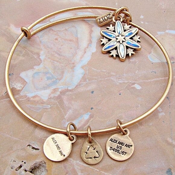 Alex & Ani Slide Bangle Charm Bracelet Crystal Snowflake Path Symbols Gold Tone - Picture 1 of 7